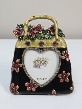 Vintage Metal, Enamel, & Rhinestone Purse Shaped Photo Frame